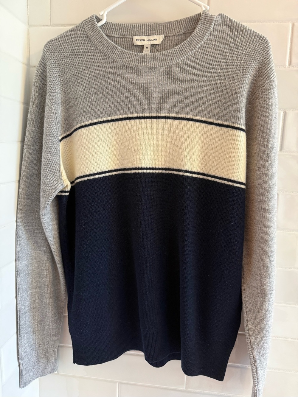 Peter Millar Grey, Cream & Navy Striped Crewneck Sweater
